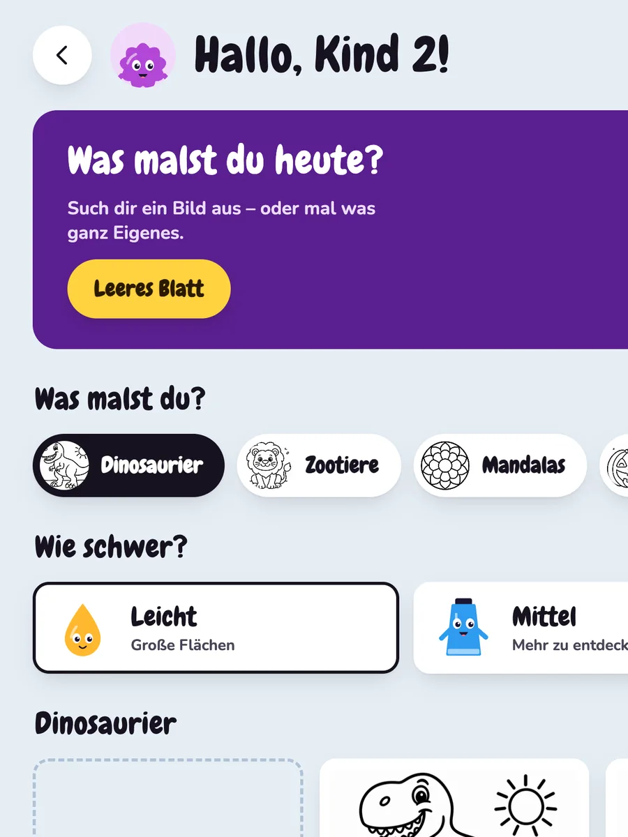 Malbuch: Auswahl von Thema und Schwierigkeit